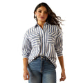 Ariat Women's Baggy Button Up Shirt in blue and white stripe pattern - Front