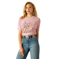 Ariat Women's West Tee in pink with brown text - Front