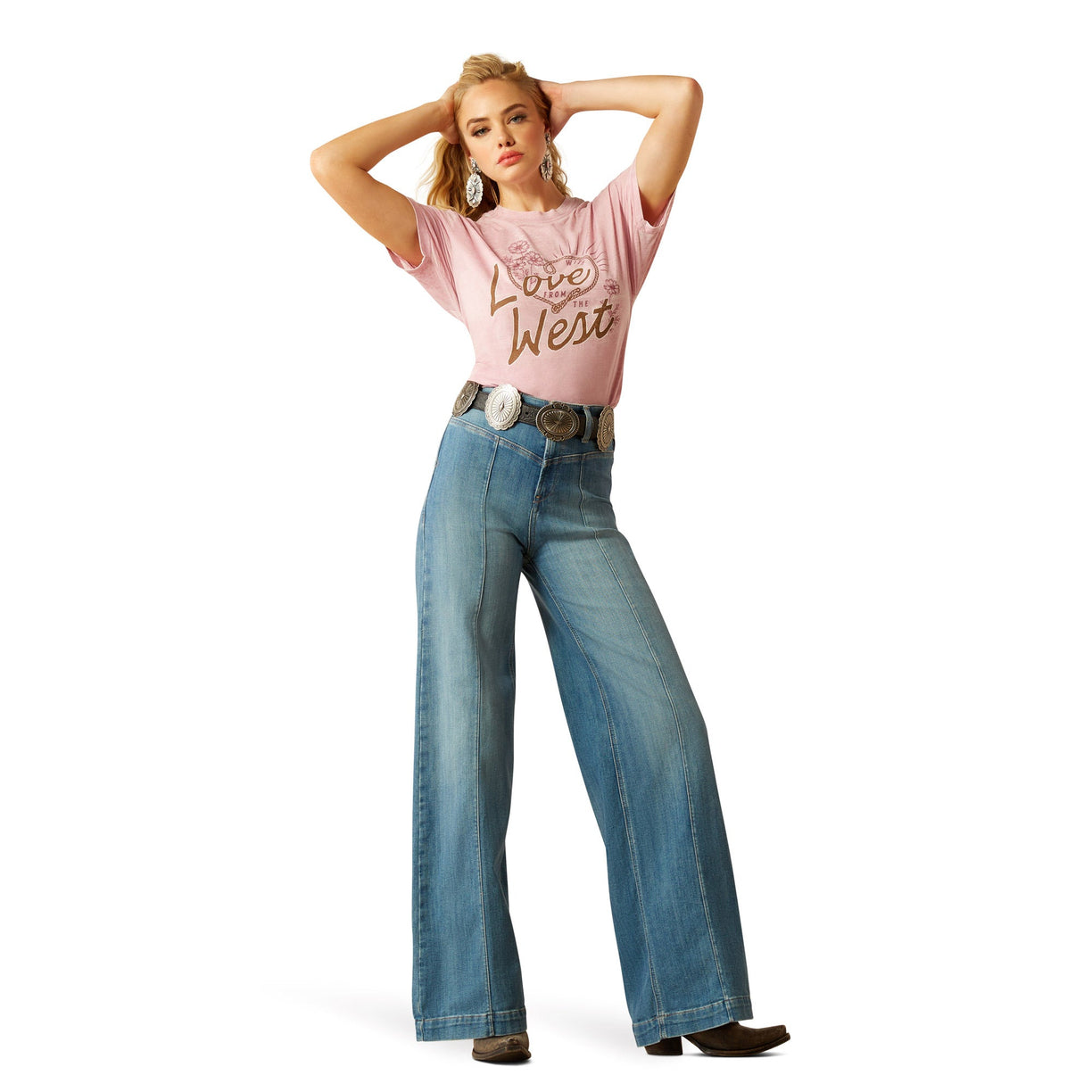 Ariat Women's West Tee in pink with brown text - Full