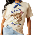 Ariat Women's Heritage Tee in beige with rodeo print and blue text - Detail