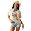 Ariat Women's Heritage Tee in beige with rodeo print and blue text - Front