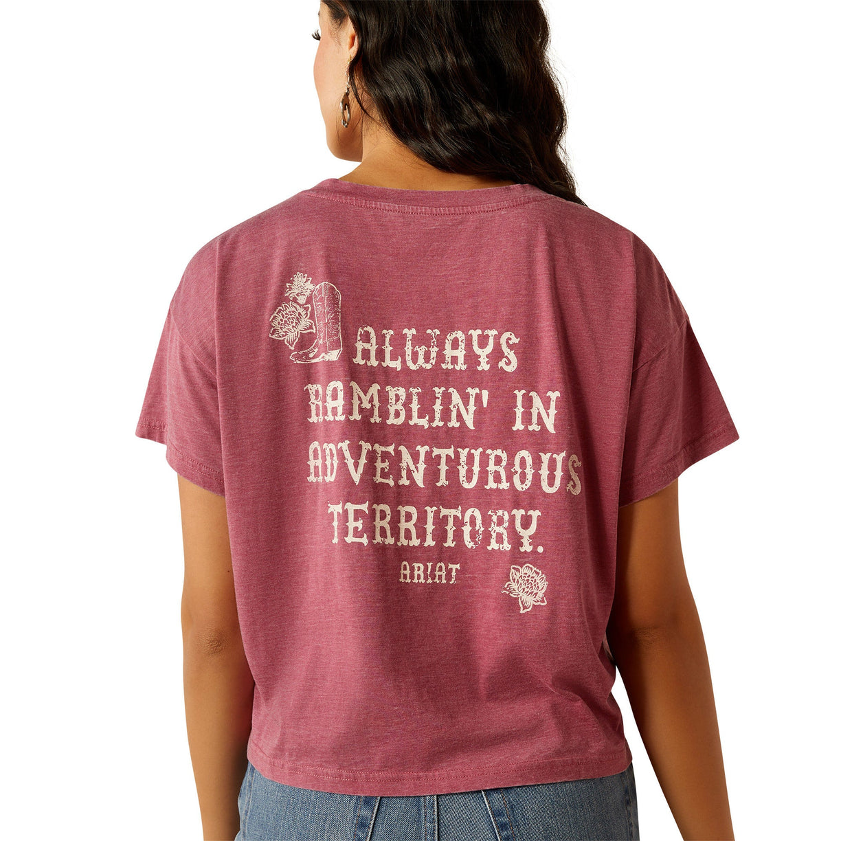 Ariat Women's Always Ramblin' Tee in red with text on back - Detail