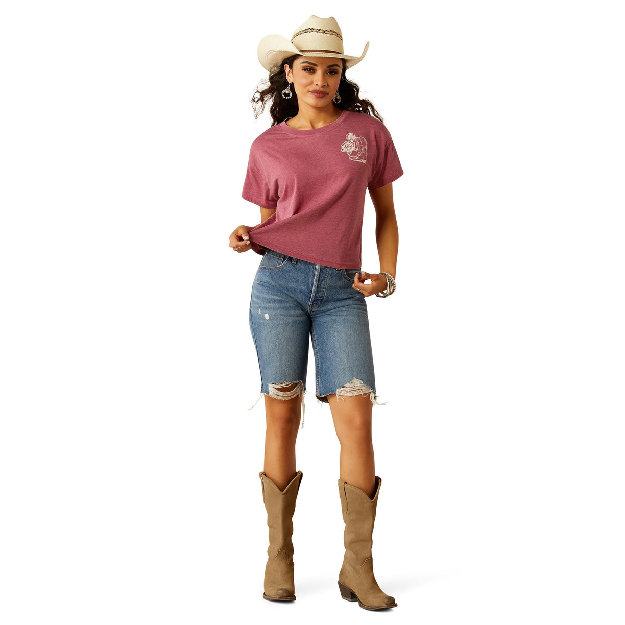 Ariat Women's Always Ramblin' Tee in red with text on back - Full