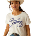 Ariat Women's Cowboy Tee in white with embroidered Cowboy writing - Detail