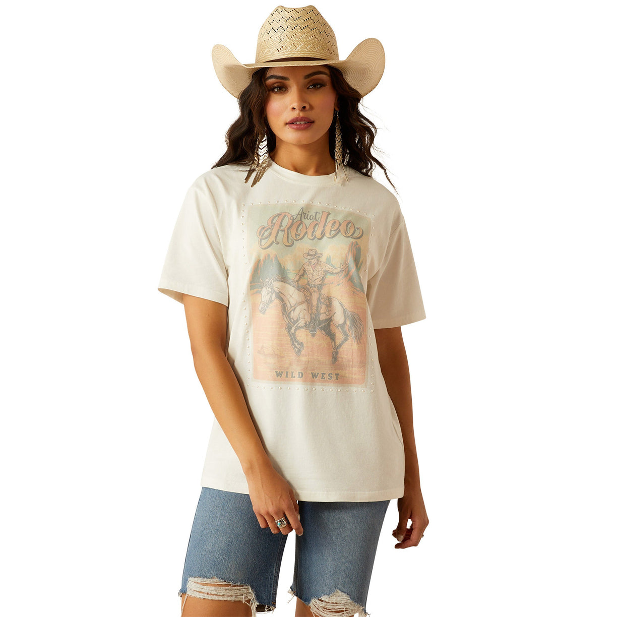 Ariat Women's Rodeo T-Shirt in white with rodeo print - Front