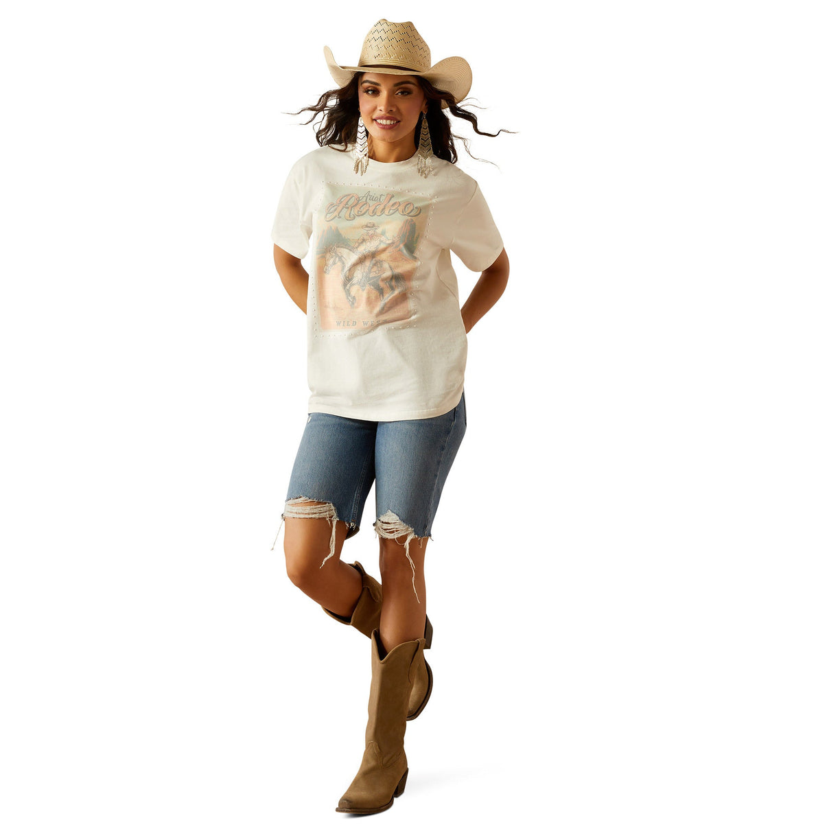 Ariat Women's Rodeo T-Shirt in white with rodeo print - Full
