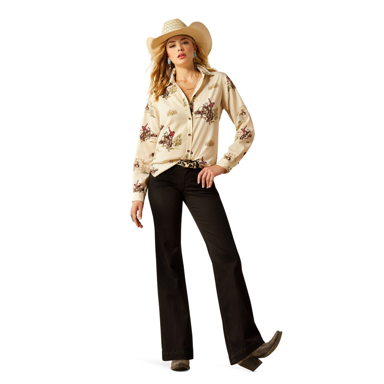 Ariat Women's Homestyle Button Up Shirt in beige pattern - Full