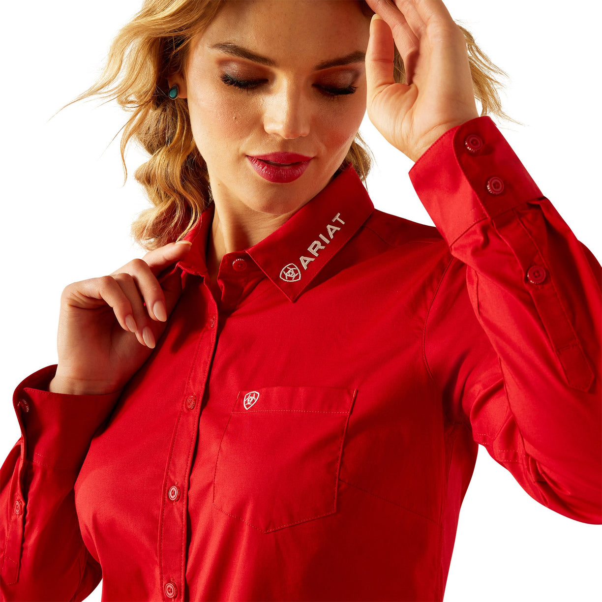 Ariat Wrinkle Resist Team Kirby Stretch Shirt - Red - front detail