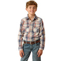 Child wearing a plaid shirt and jeans on a white background