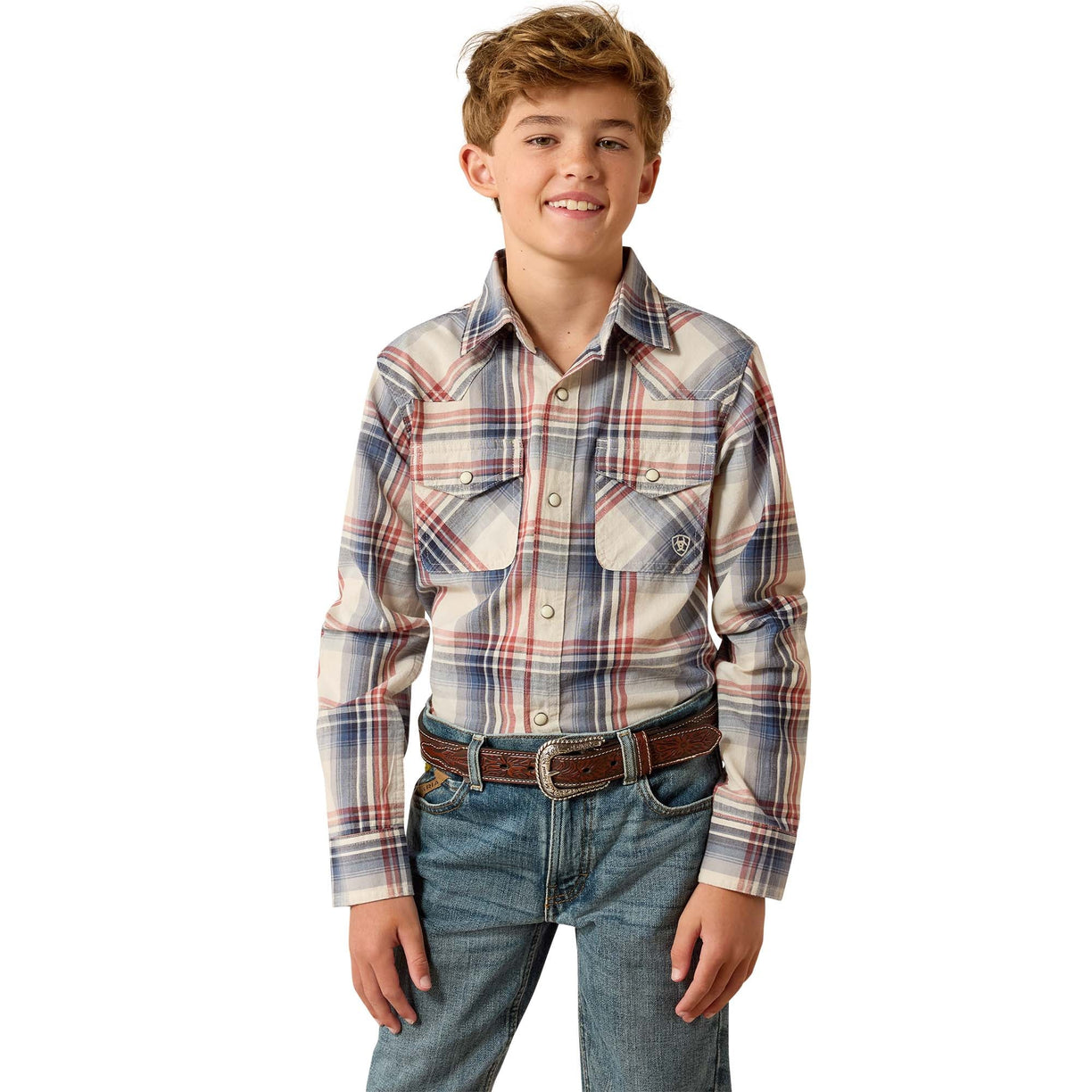 Child wearing a plaid shirt and jeans on a white background