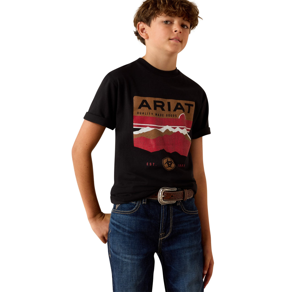 Child wearing a black Ariat t-shirt on a white background