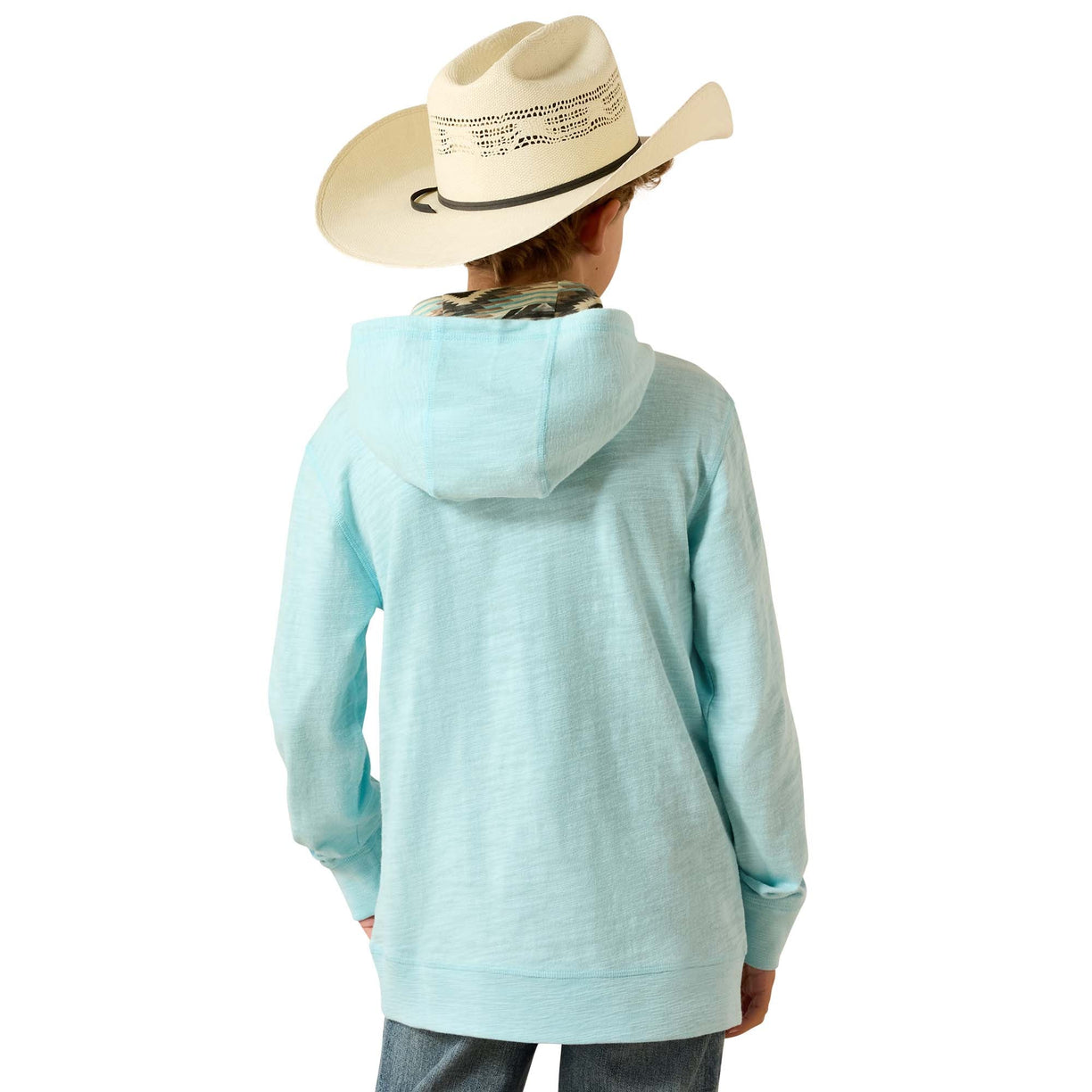 Person wearing a light blue hoodie and a cowboy hat on a white background