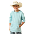 Child wearing a light blue hoodie and cowboy hat on a white background