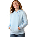 Person wearing a light blue hoodie with a logo on a white background