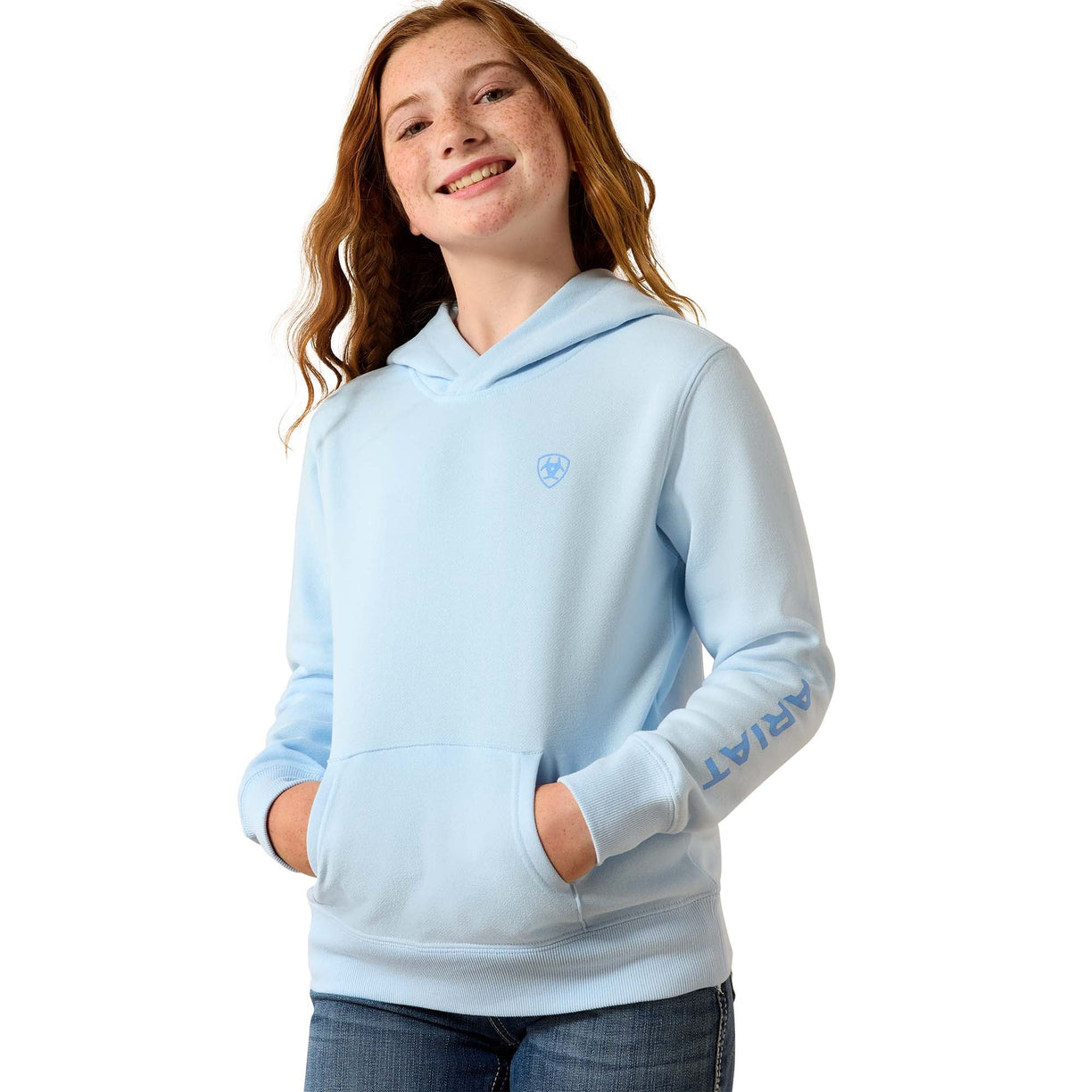 Person wearing a light blue hoodie with a logo on a white background
