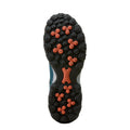 Close-up of a shoe sole with orange and black pattern on a white background