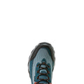 Blue and black athletic shoe on a white background