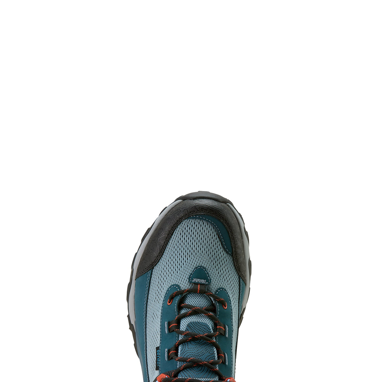 Blue and black athletic shoe on a white background