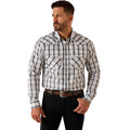 Man wearing a plaid shirt and black pants on a white background