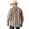 Man wearing a plaid shirt and cowboy hat on a white background