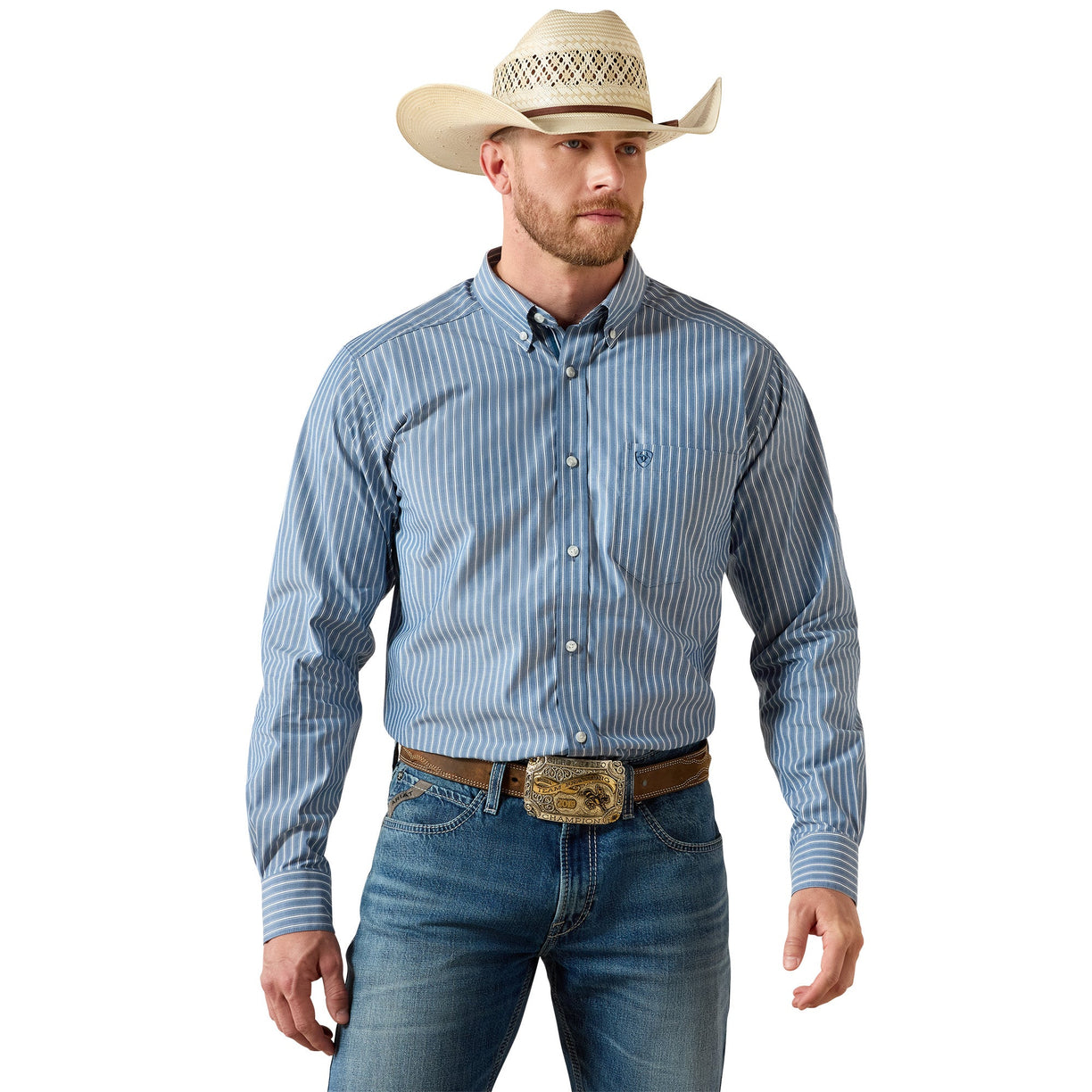 Man wearing a blue striped shirt, jeans, and a cowboy hat on a white background