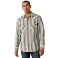 Man wearing a striped long-sleeve shirt on a white background