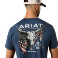 Man wearing a blue Ariat t-shirt with a graphic design on the back.