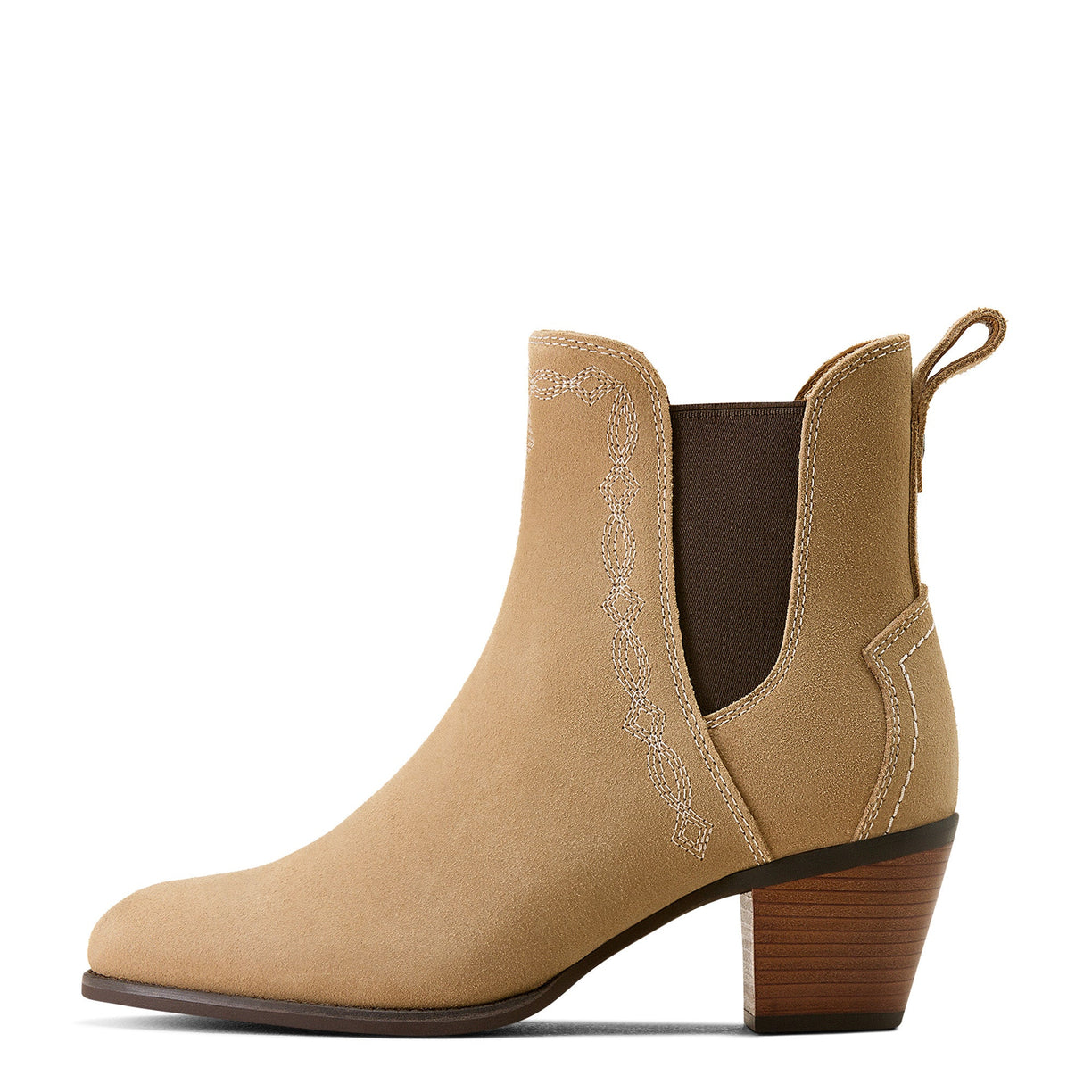 Beige nude suede ankle boot with brown heel on a white background