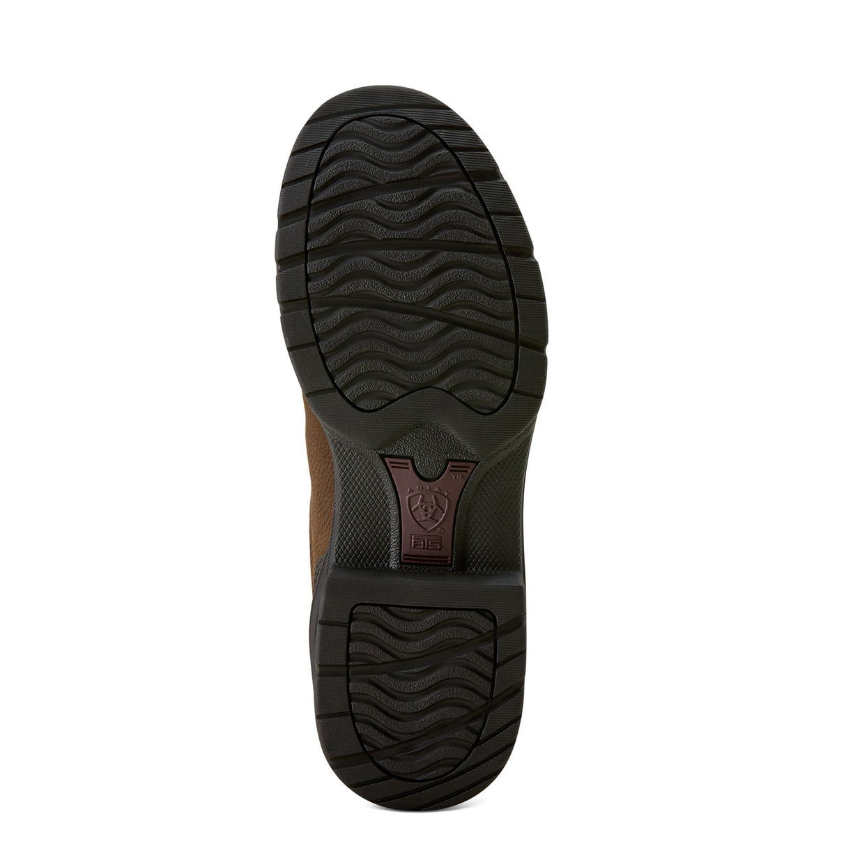 Close-up of a brown shoe sole with tread pattern on a white background
