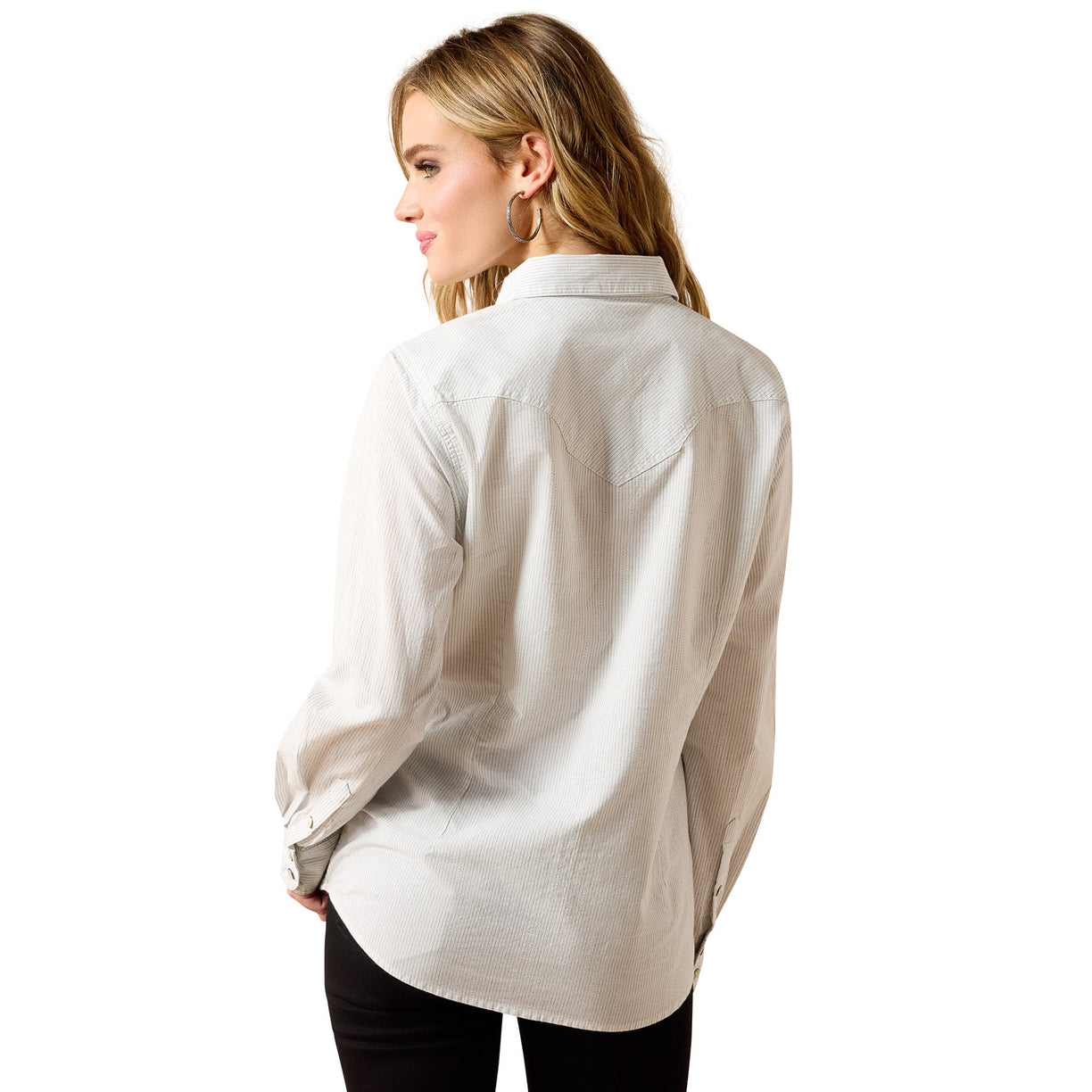 Woman wearing a white shirt on a white background
