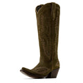 An olive green suede cowboy boot with brown western-style stitching, a pointed toe, and a dark brown stacked heel, shown against a plain white background.