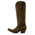 Green cowboy boot with intricate stitching on a white background