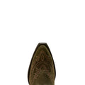Close-up of a brown cowboy boot with intricate stitching on a white background