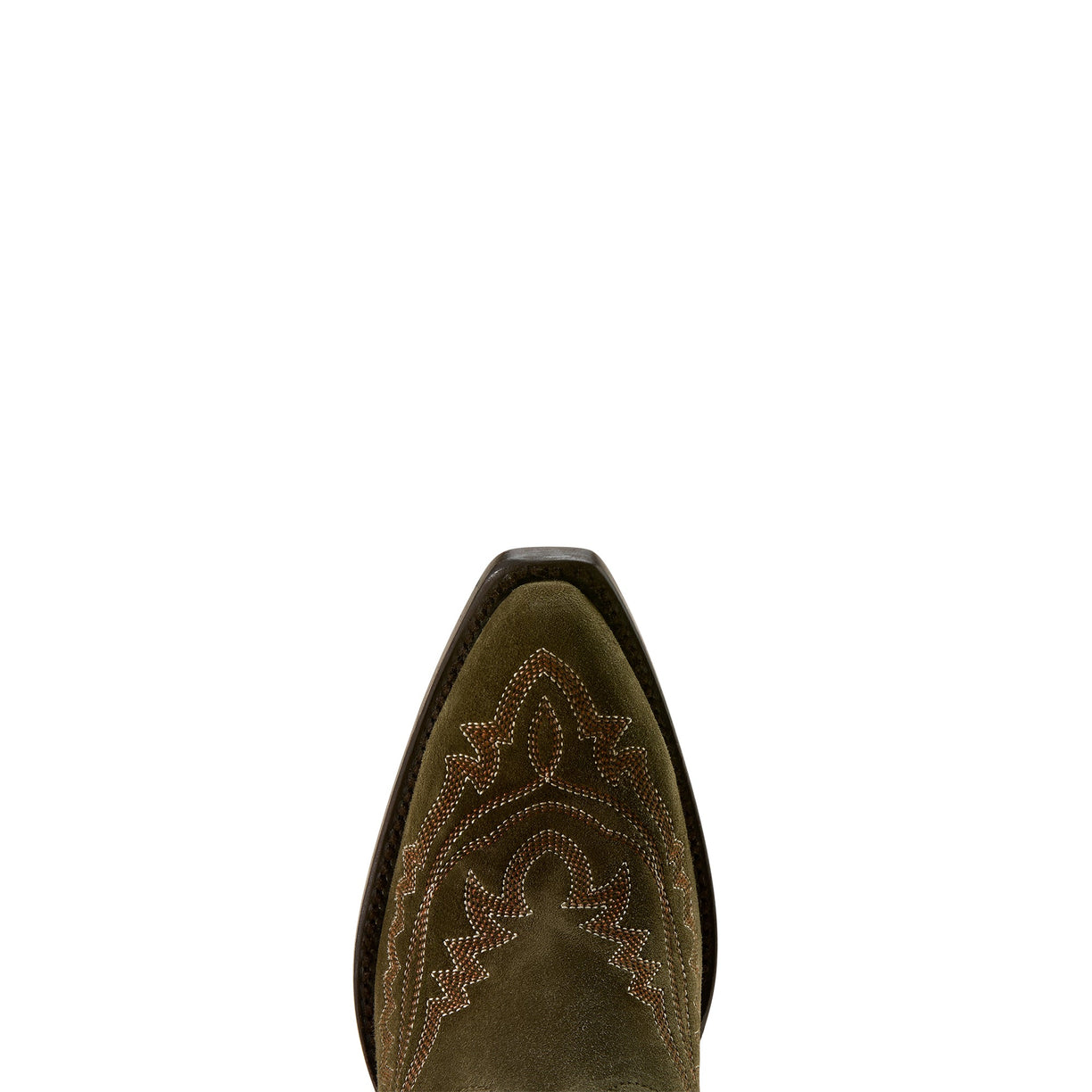 Close-up of a brown cowboy boot with intricate stitching on a white background