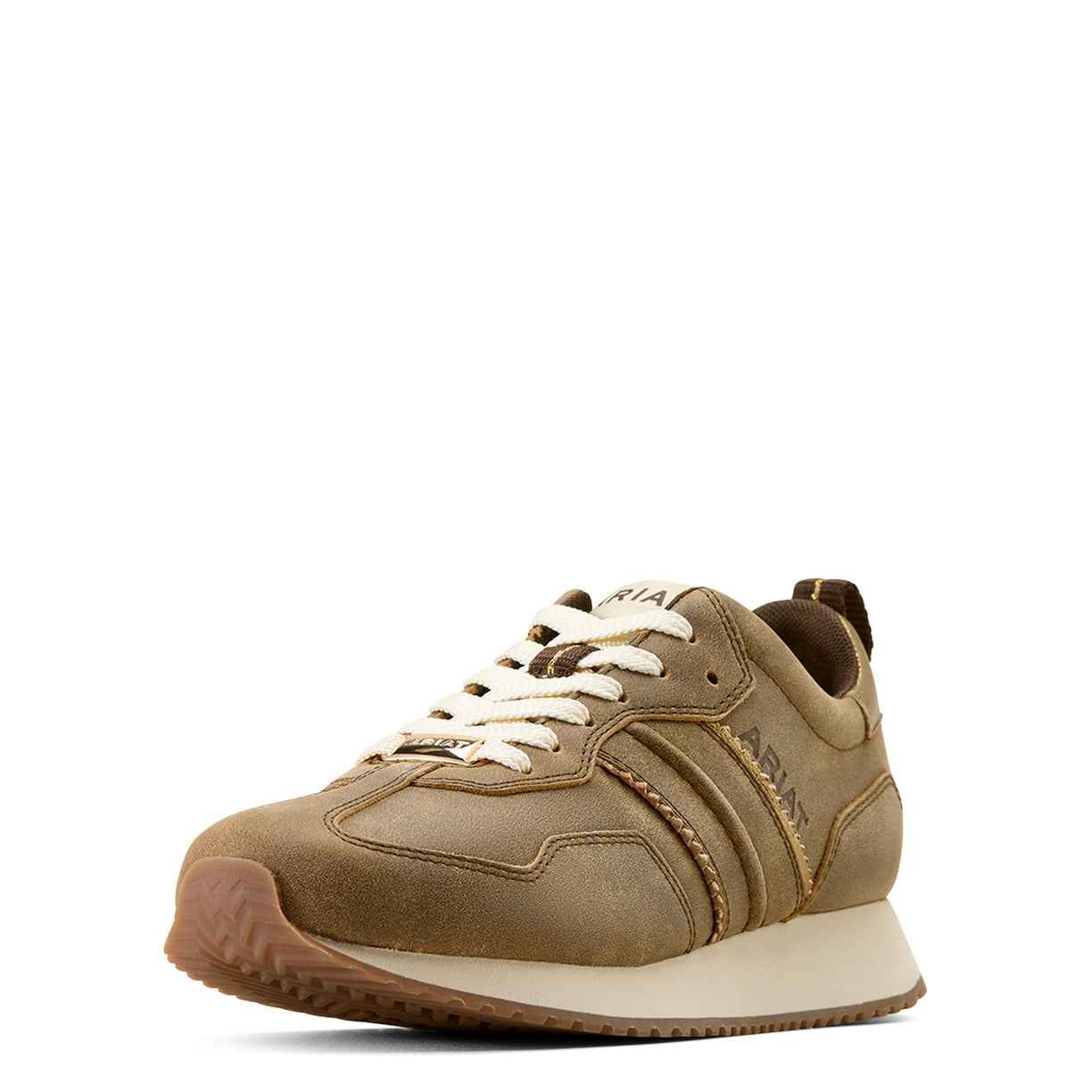 Brown sneaker with white laces on a white background