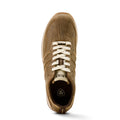 Brown leather shoe with white laces on a white background