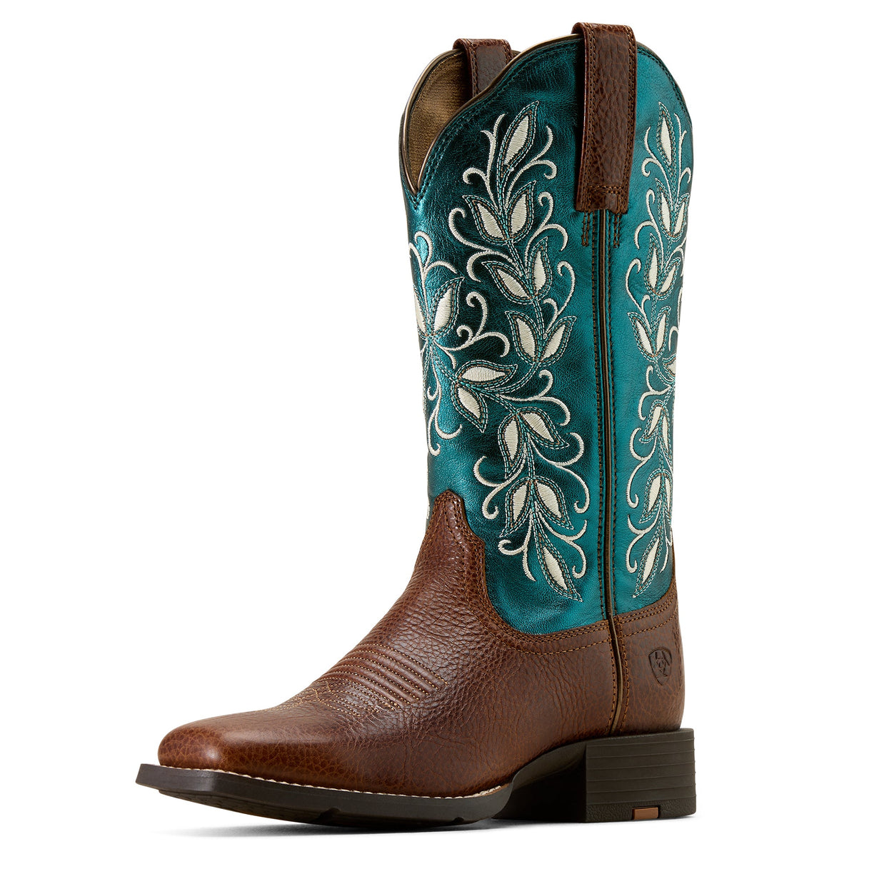 Brown and teal cowboy boot with intricate white embroidery on a white background