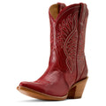 Red cowboy boot with intricate white stitching on a white background
