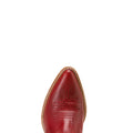 Red cowboy boot with brown trim on a white background