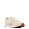 Beige sneaker with brown sole on a white background