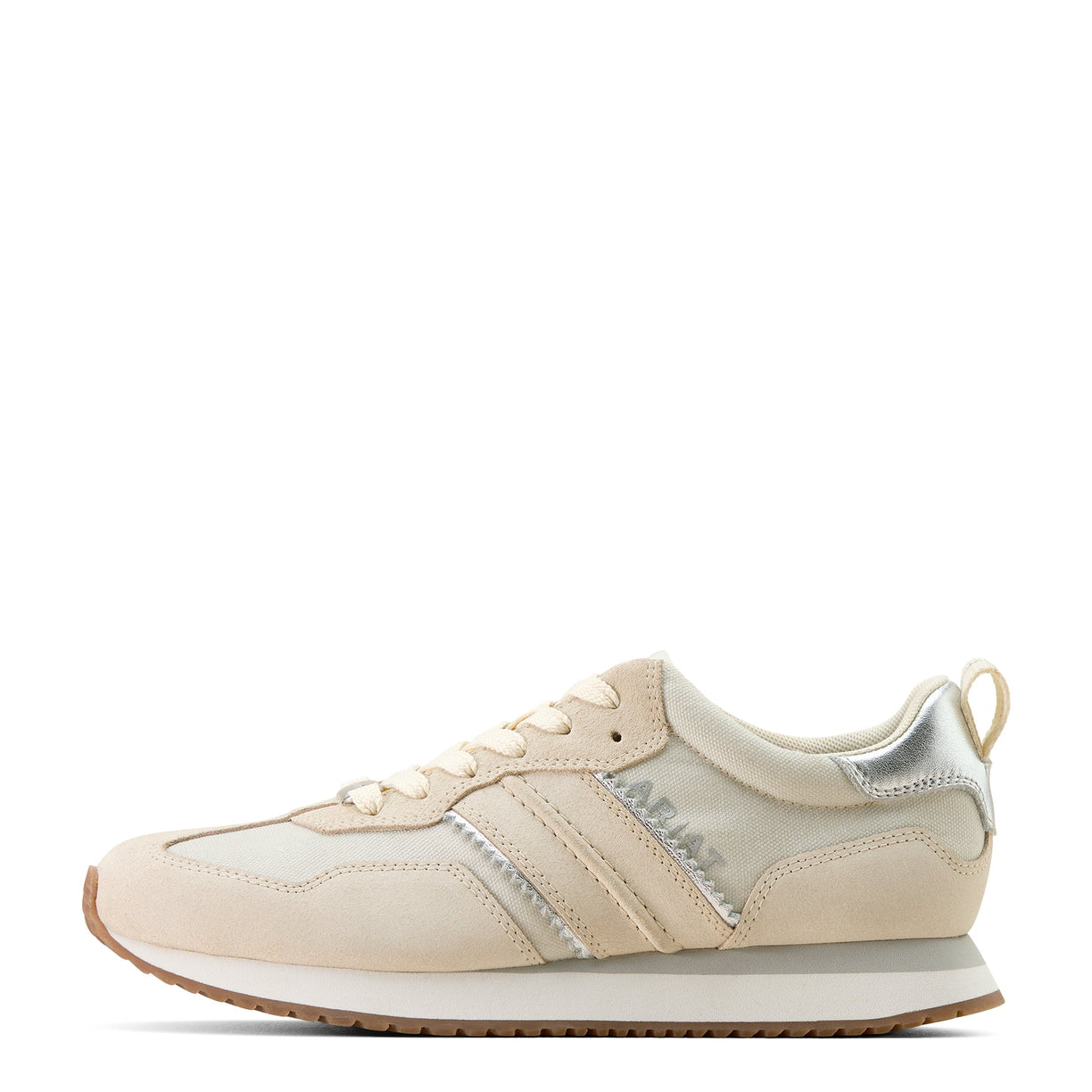 Beige sneaker with brand logo on a white background