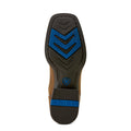 Close-up of a shoe sole with blue and black design on a white background