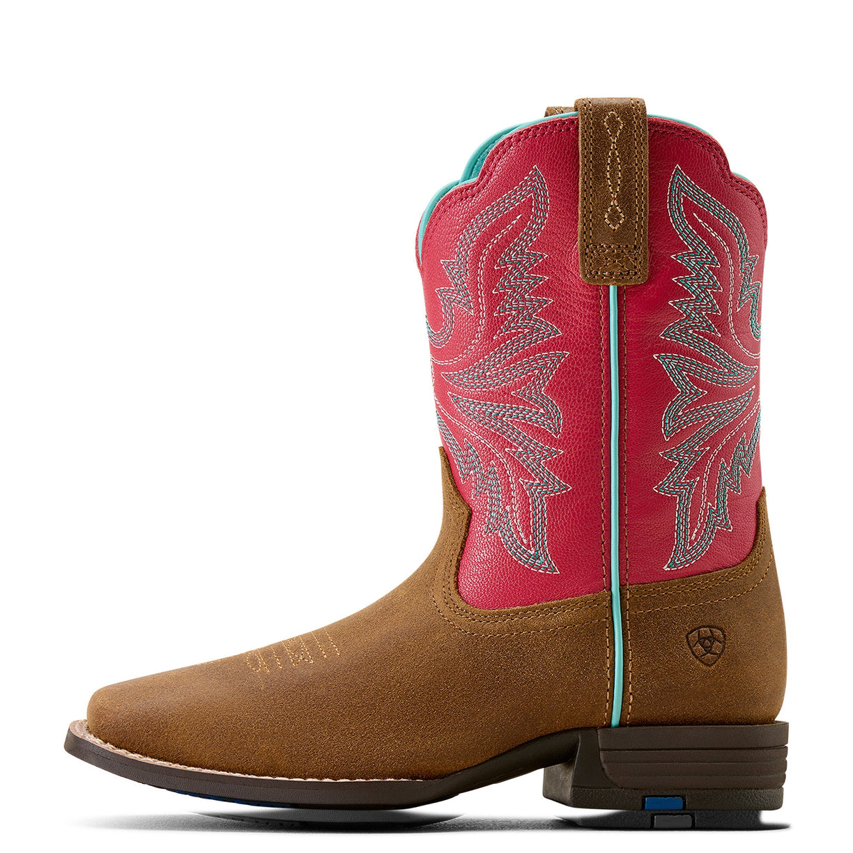 Brown and pink cowboy boot with intricate design on a white background