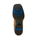 Close-up of a boot sole with blue and black design on a white background