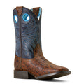 Brown and blue cowboy boot with intricate stitching on a white background