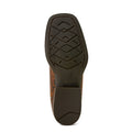 Close-up of a brown leather boot sole with a visible brand logo on a white background