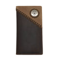 Brown leather wallet with a circular emblem on a white background
