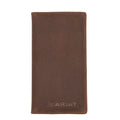 Brown leather wallet with Ariat logo on a white background