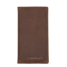 Brown leather wallet with Ariat logo on a white background