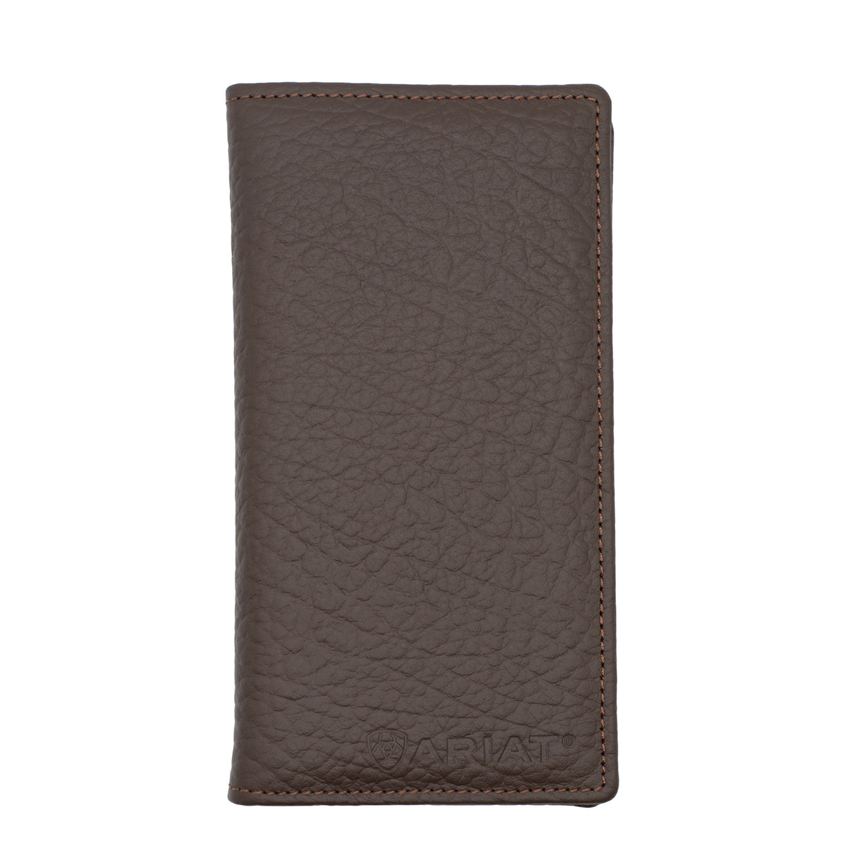 Brown leather wallet with Ariat logo on a white background